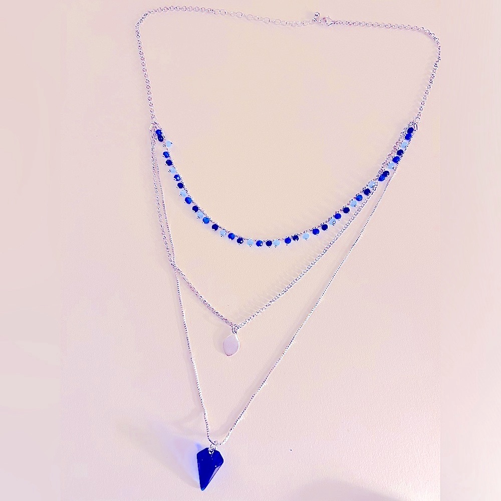 Necklace Lapis Lazuli, Opalite faceted stones, cobalt glass, box & silver chain